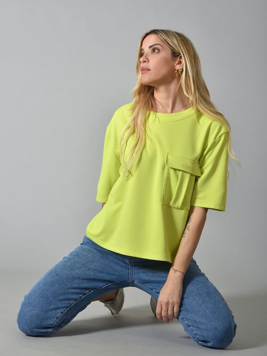 Belle Femme Damen Bluse Kurzärmelig Fluo Lime