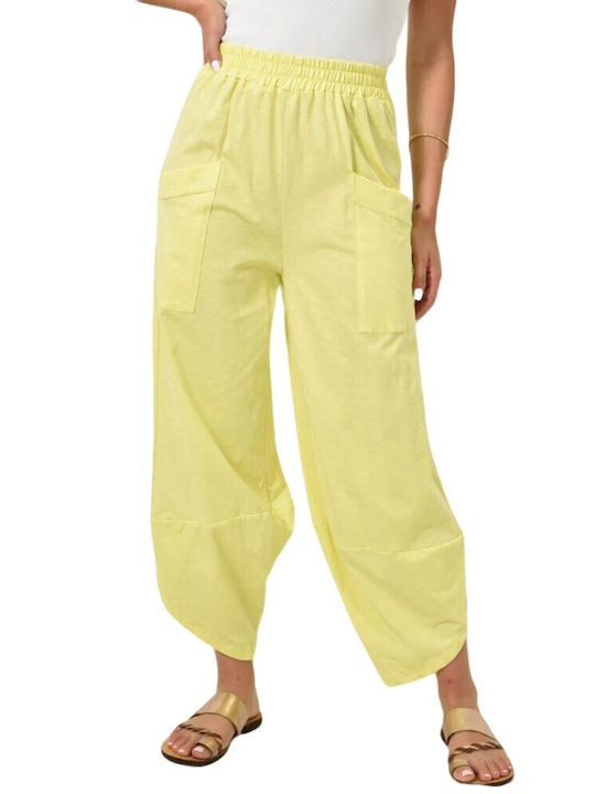 First Woman Women's High Waist Cotton Trousers with Elastic Yellow