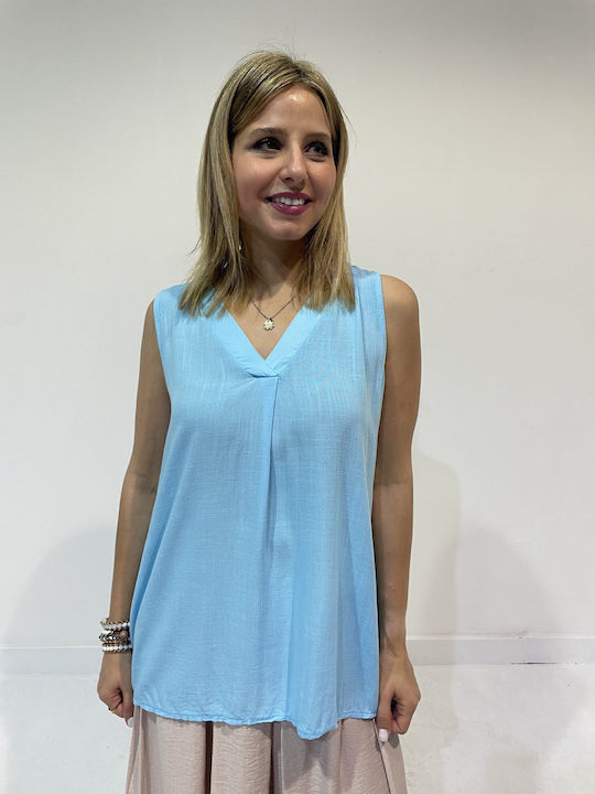 Sapidis Women's Blouse Sleeveless with V Neck Light Blue