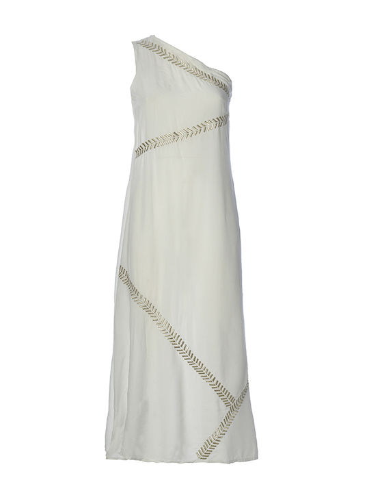 Ble Φορεμα Μακρυ Ενα Ωμο Λευκο Χρωμα Χρυσα Κεντηματα One Size 100% Rayon
