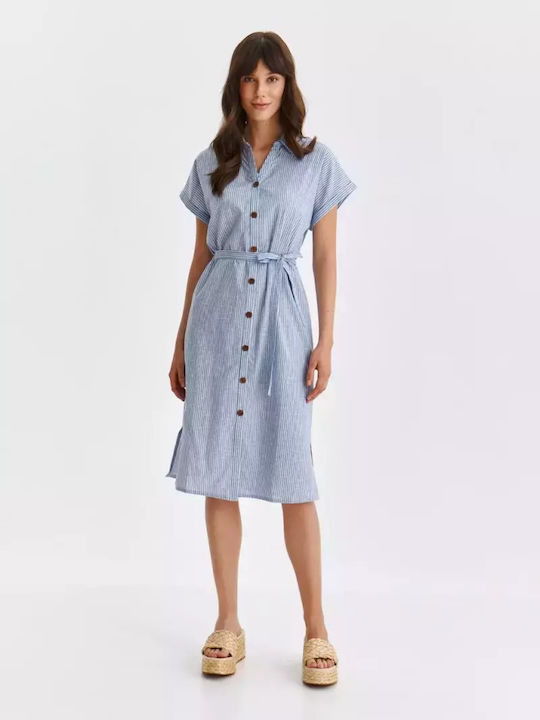 Midi-Kleid mit kurzen Ärmeln, Gürtel und Knöpfen Blau