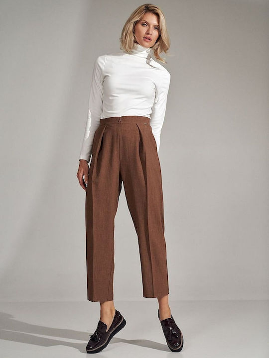 Figl Women's High-waisted Fabric Capri Trousers in Tapered Line Checked Brown