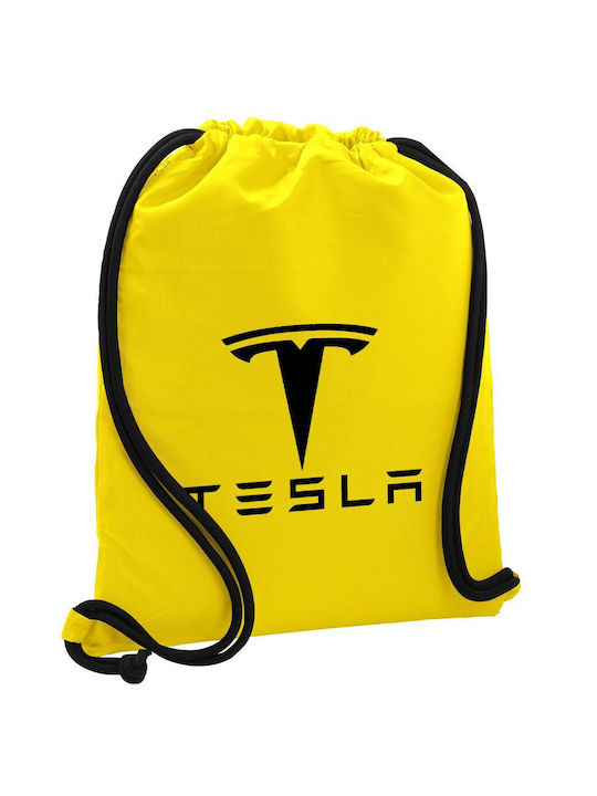 Rucsac Tesla Motors cu șnur, sac de sport cu buzunar galben, 40x48cm și șnururi groase