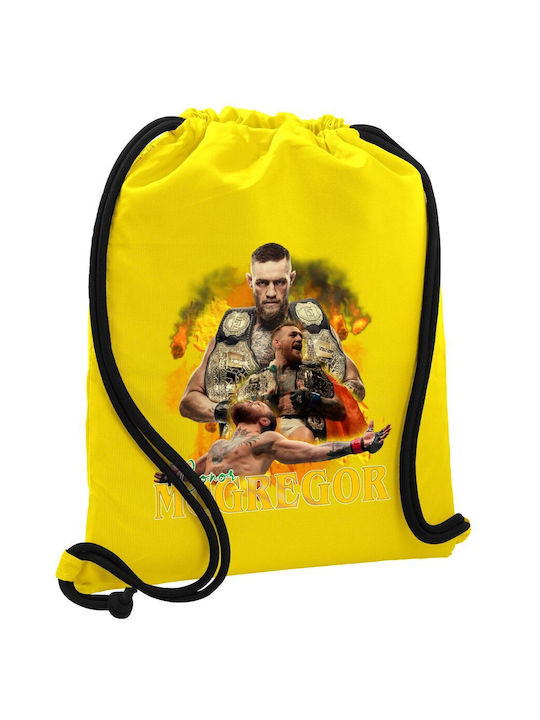 Rucsac Conor McGregor Notorious pentru sală, cu buzunar galben, 40x48cm și șnururi groase