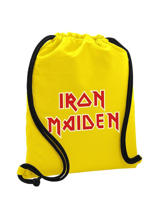 Rucsac Iron Maiden cu șnur și buzunar galben, dimensiuni 40x48cm și șnururi groase