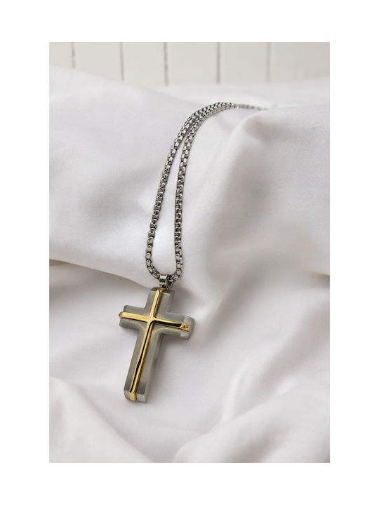 Steel Silver Cross Necklace Gold Line