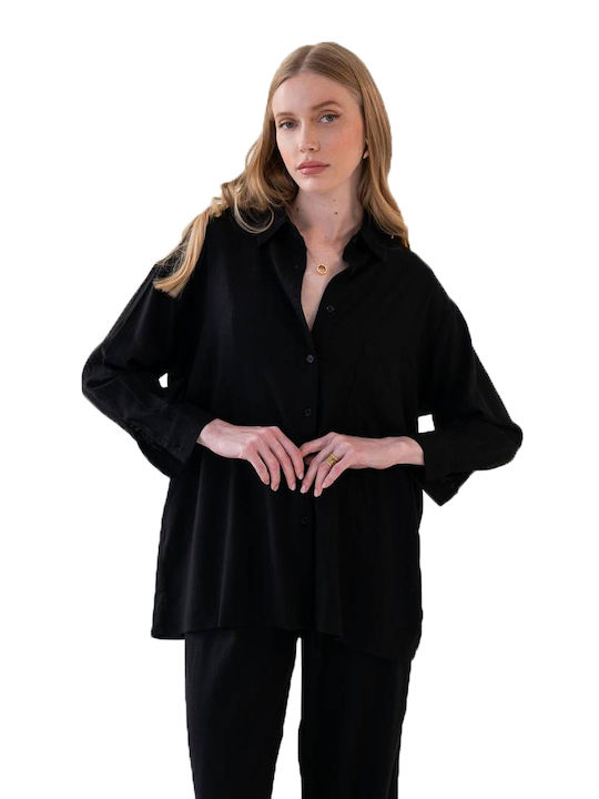 Mind Matter Women's Linen Long Sleeve Shirt Black