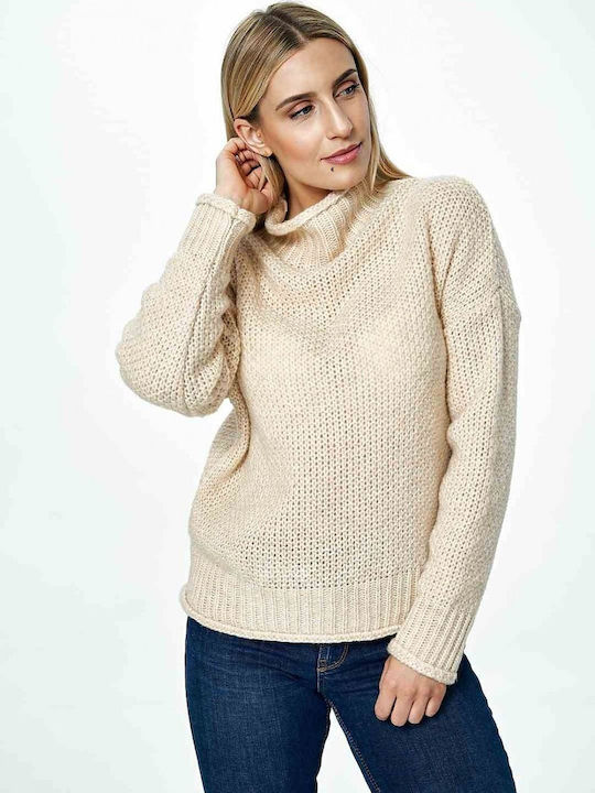 Figl Women's Long Sleeve Sweater Woolen Turtleneck Beige