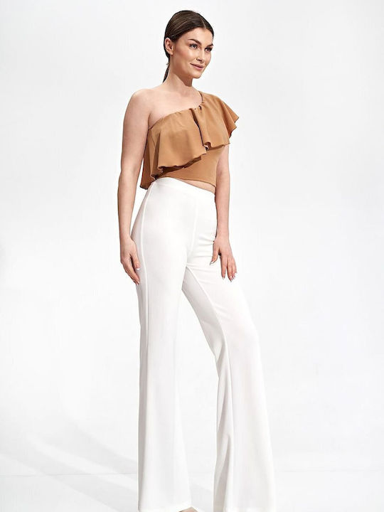 Figl Damen Crop Top mit einem Schulter Beige