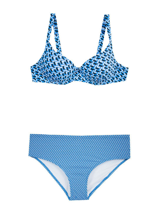 Damen Balconette Bikini Set mit Bügel, geometrisch, blau S24