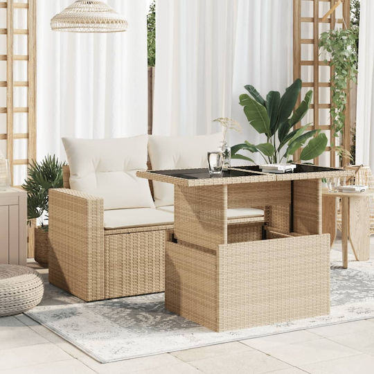 Masa pentru spații exterioare Rattan cu suprafață din sticlă Bej 100x55x73buc