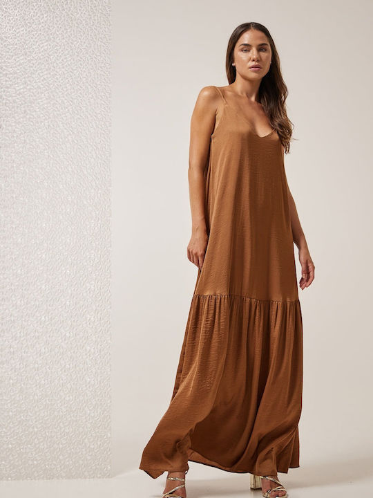 Enzzo Maxi Kleid Satin mit Rüschen Choco