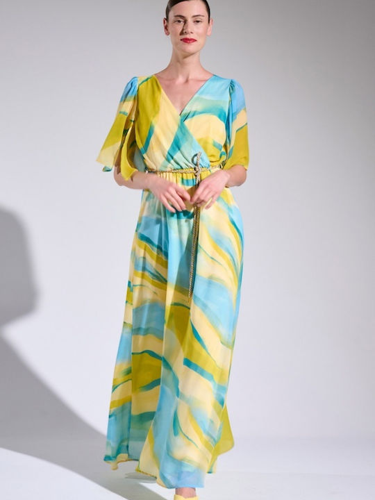Matis Fashion Maxi Evening Dress Satin Wrap with Ruffle Turquoise
