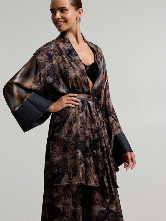 Printed Kimono Double Fabric Togetherland-bsb Women's Cardigan Charcoal Grey