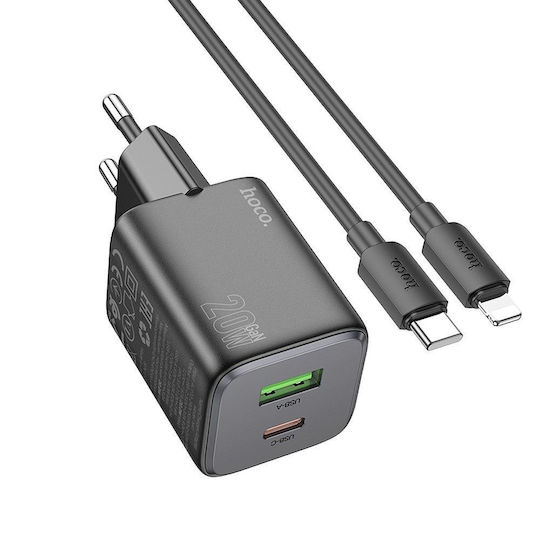 Hoco Încărcător cu Port USB-A și Port USB-C și Cablu USB-C - Lightning 20W Livrarea energiei / Quick Charge 3.0 Negruς (N41)