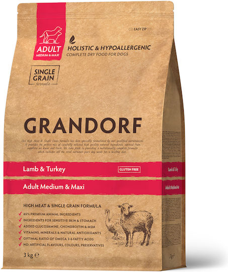 Grandorf Holistic & Hypoallergenic 10kg Dry Food Gluten-Free for Adult Medium & Large Breed Dogs with Lamb and Turkey