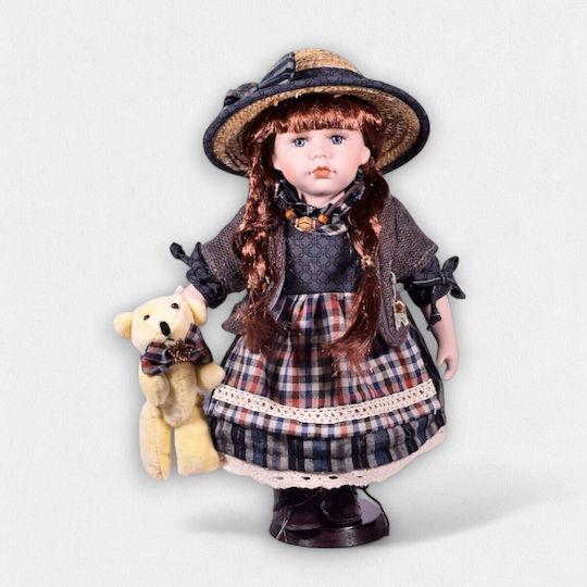 Sammelbare Porzellanpuppe "Dorf Mädchen mit Strohhut" 30x15x15cm