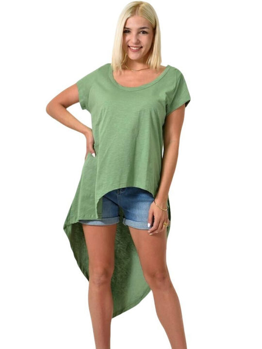 First Woman Women's Blouse Cotton Short Sleeve Green