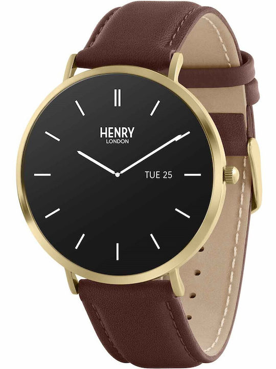Henry London Smart Stainless Steel 43mm Smartwatch με Παλμογράφο (Gold & Chocolate Leather)
