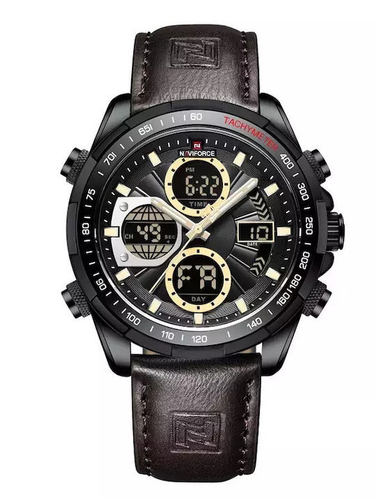 Naviforce Мъжки часовник 46mm Хронограф На батерия с Кожена каишка Кафяв/Черен