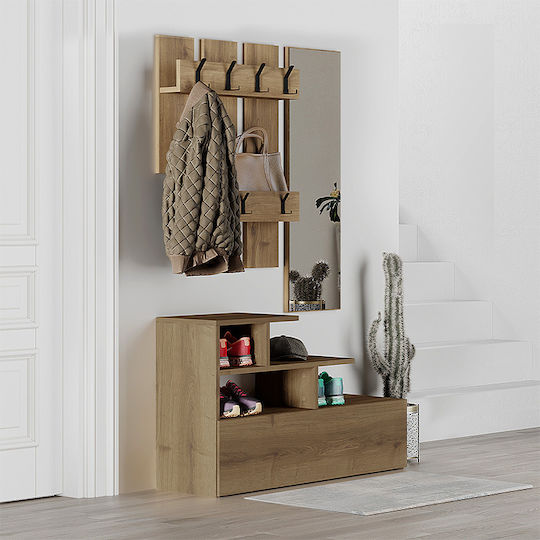 Vesty Entry Furniture with Mirror / Hanger & Shoe Rack Open Walnut 100x30x61cm Vesty Entry Furniture with Mirror / Hanger & Shoe Rack Open Walnut 100x30x61cm