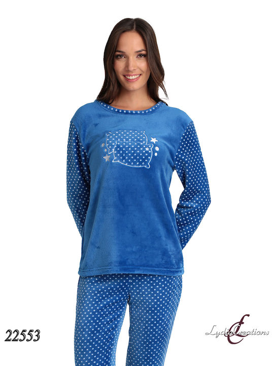 Lydia Creations Χειμερινό Γυναικείο Σετ Πιτζάμας Fleece Μπλε
