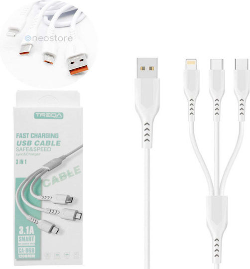 Regular Cablu USB la Lightning / Type-C / micro USB cu mai multe porturi 3.1A Alb 1.2m