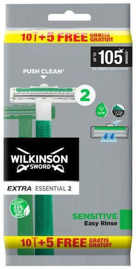 Wilkinson Sword Extra Essential 2 Razor with Replacement Heads Blades Lubricious Strip for Sensitive Skin 15pcs