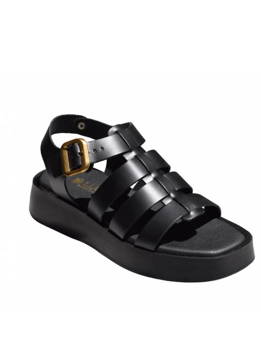 Leather Women's Flat Sandals in Black Color