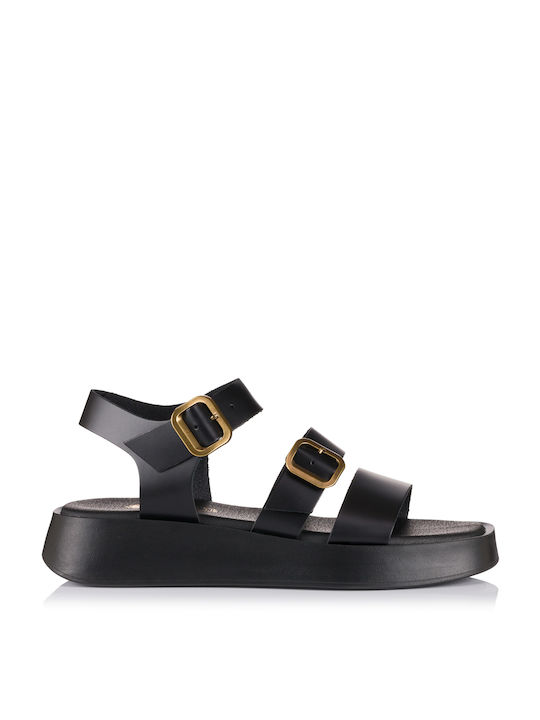 Lias Mouse Flatforms Leather Women's Sandals with Ankle Strap Black