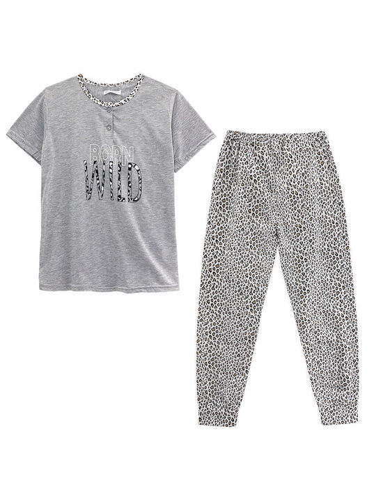 Set de pijama pentru femei din bumbac de vară cu mâneci scurte și pantaloni lungi cu imprimeu animalier Gp-29048
