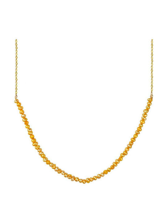Gold Stainless Steel Necklace Yellow Natural Small Pearls 38cm + 5cm Extension