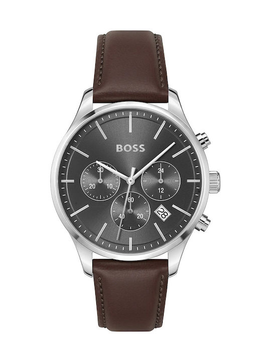 Boss Ανδρικό Ρολόι 50mm Χρονογράφος Μπαταρίας με Καφέ Δερμάτινο Λουράκι