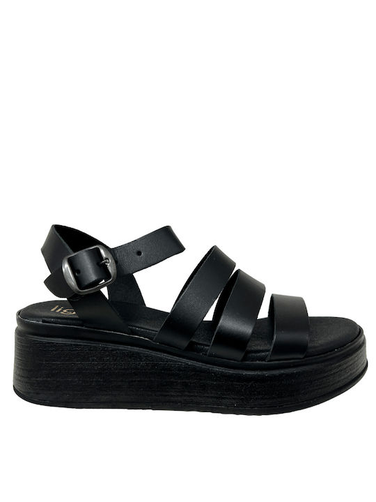 Ligglo Women's Leather Ankle Strap Platforms Black