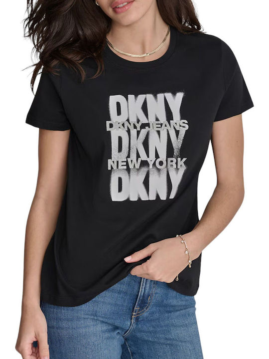 DKNY Logo Women's Blouse Cotton Short Sleeve Black