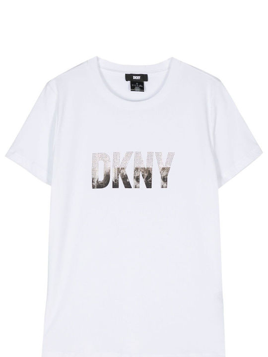 DKNY Logo Women's Blouse Cotton Short Sleeve White