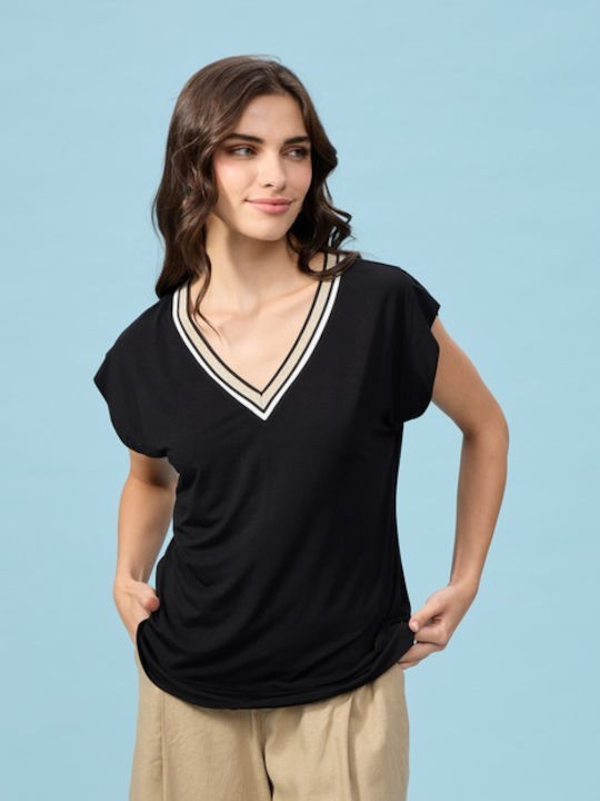 Passager Women's Blouse Short Sleeve with V Neck Black