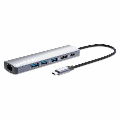 Manhattan USB-C Docking Station με HDMI 4K PD Ethernet Ασημί (153959)