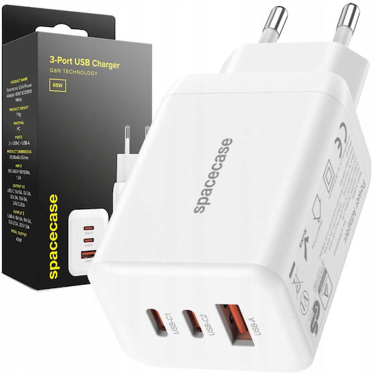 Spacecase Charger Without Cable GaN with USB-A Port and 2 USB-C Ports 65W Power Delivery / Quick Charge 3.0 Whites (121976)