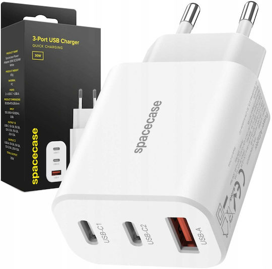 Spacecase Ladegerät ohne Kabel mit 2 USB-A Anschlüsse und USB-C Anschluss 30W Stromlieferung / Schnellaufladung 3.0 Weißs (SC004W)