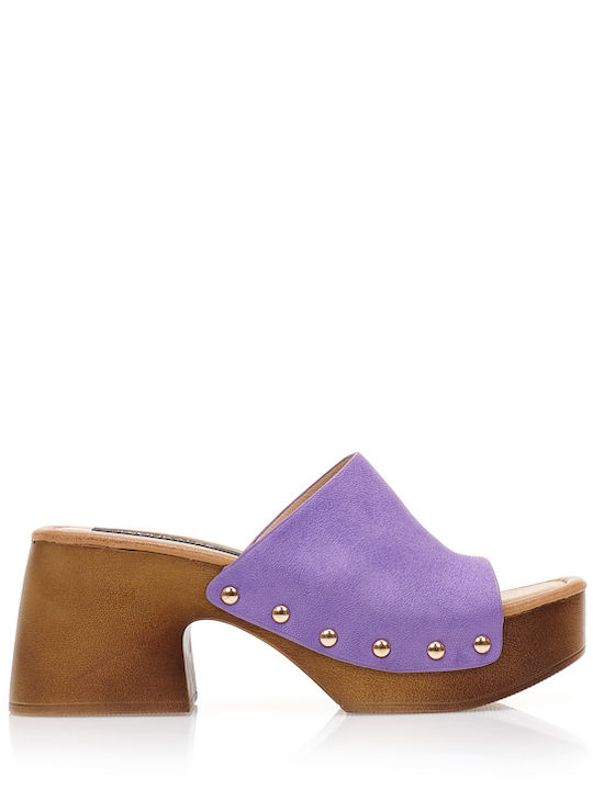Suede Mules with Chunky High Heel in Purple Color