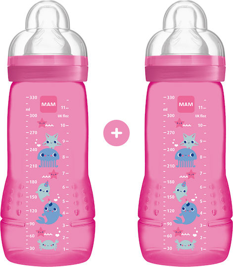 Mam Set Plastic Baby Bottles Anti-colic with Silicone Teat for 4+ Months Pink 330ml 2 Pieces