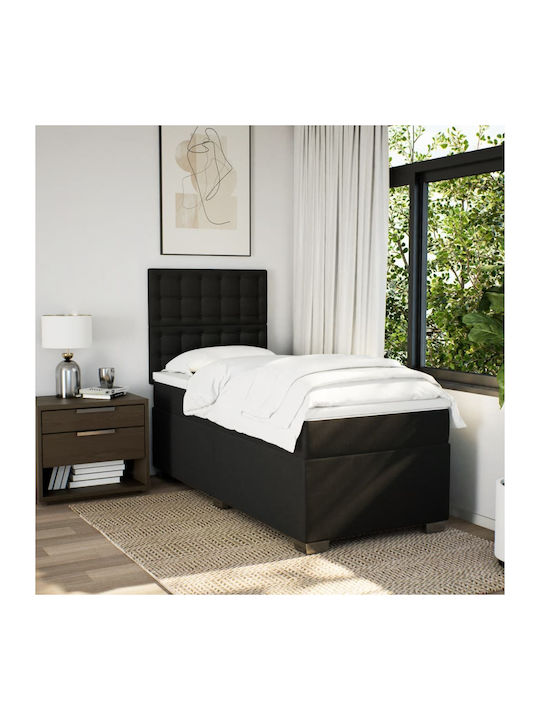 Pat Single Negru cu Lamele & Saltea 100x200cm