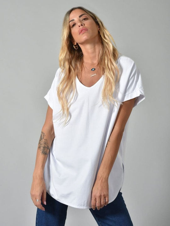 Belle Femme Damen Oversized T-Shirt mit V-Ausschnitt White