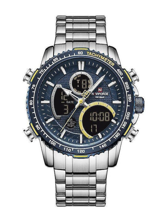 Naviforce Ceas Analogic/Digital Pentru Bărbați 46mm Cronograf Cu Baterie Cu Brățară Din Oțel Inoxidabil Argintie