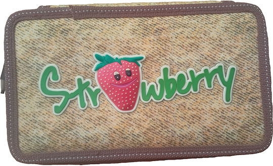 Square Beige Brown Strawberry 3D Quadruple Filled Pencil Case