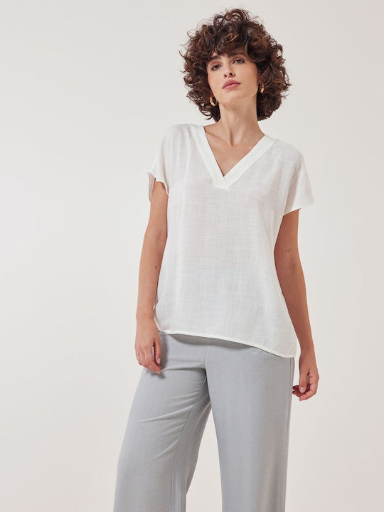 Enzzo Women's Blouse Short Sleeve with V Neckline White