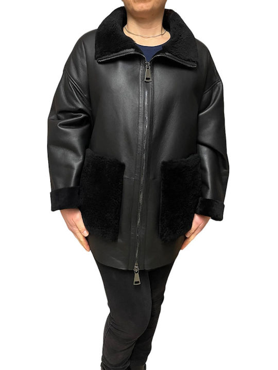 MARKOS LEATHER Women's Short Lifestyle Mouton Jacket for Winter Black