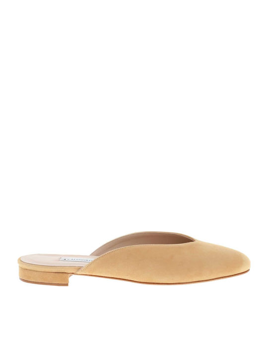 Kalogirou Flat Suede Mules in Beige Color