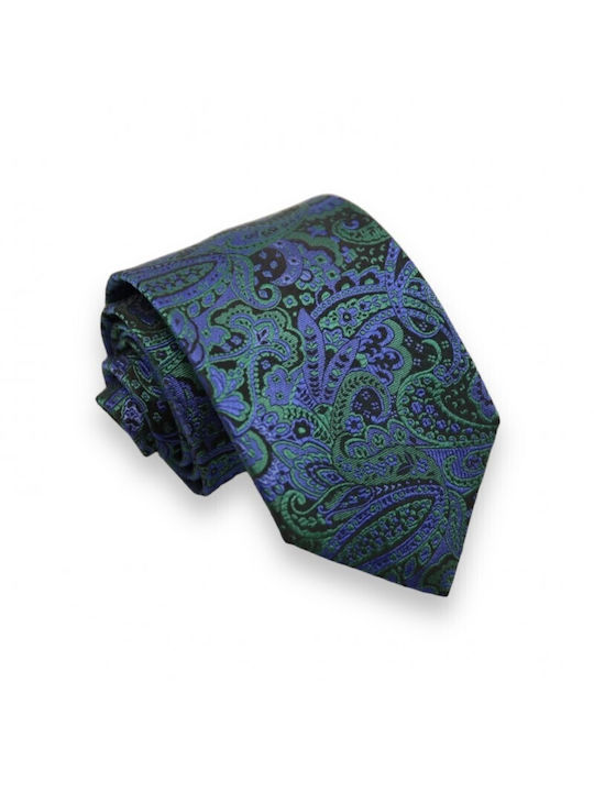 Cravată din mătase cu model Paisley albastru marin și verde 8/9cm